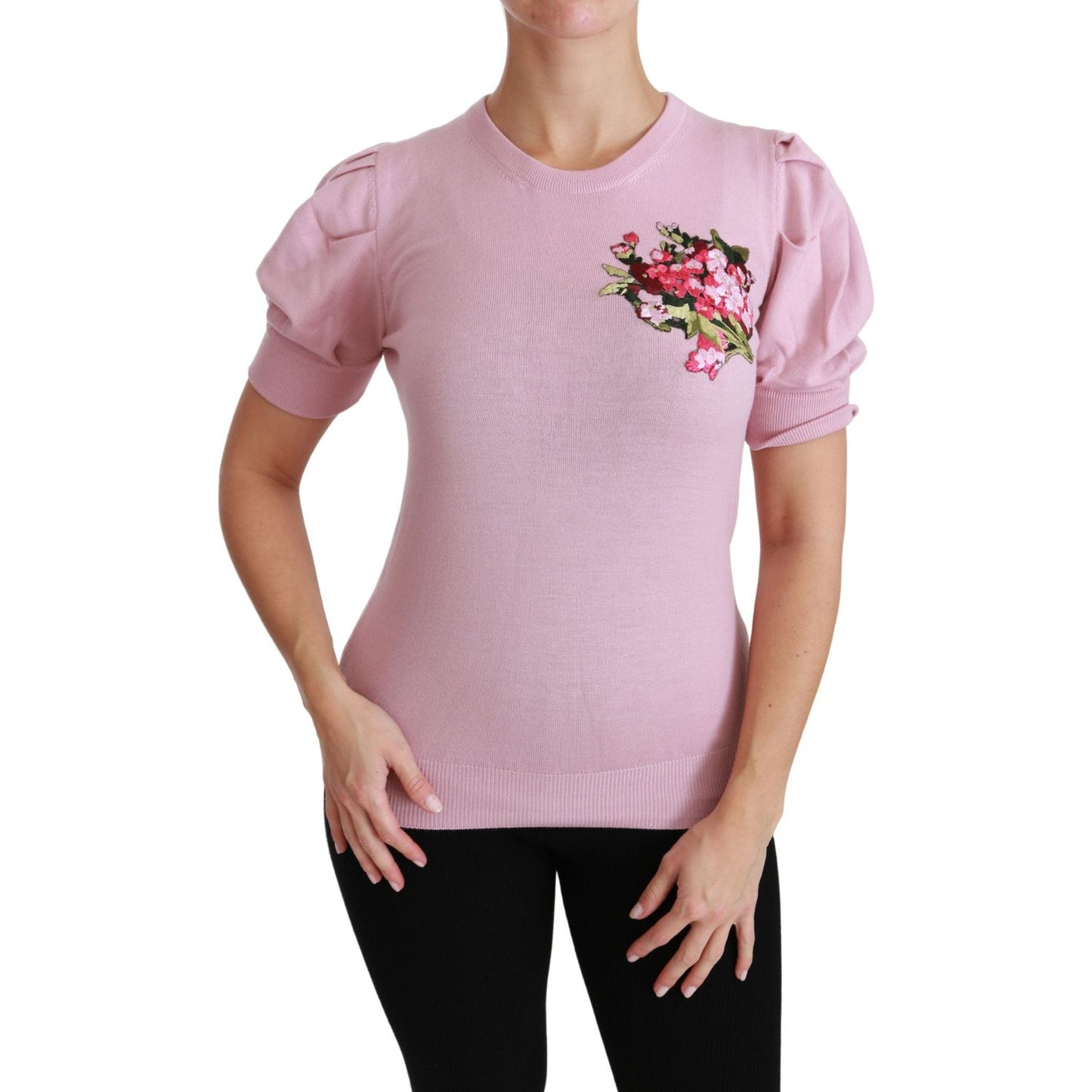 Dolce & Gabbana Pink Floral Embroidered Blouse Wool Top TSH4457-46