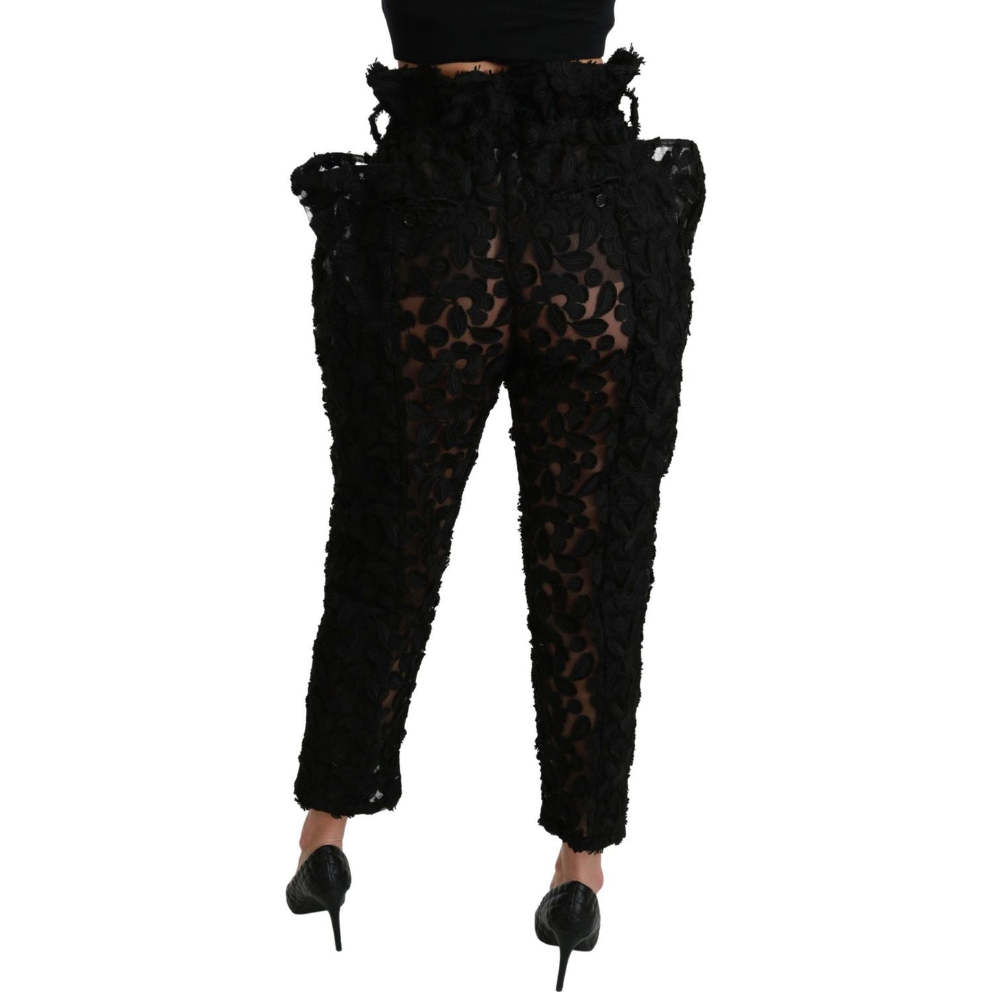 Dolce & Gabbana Black Floral Lace Tapered High Waist Pants Jeans & Pants