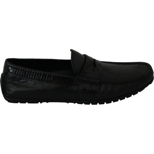 Dolce & Gabbana Black Lizard Leather Flat Loafers Shoes