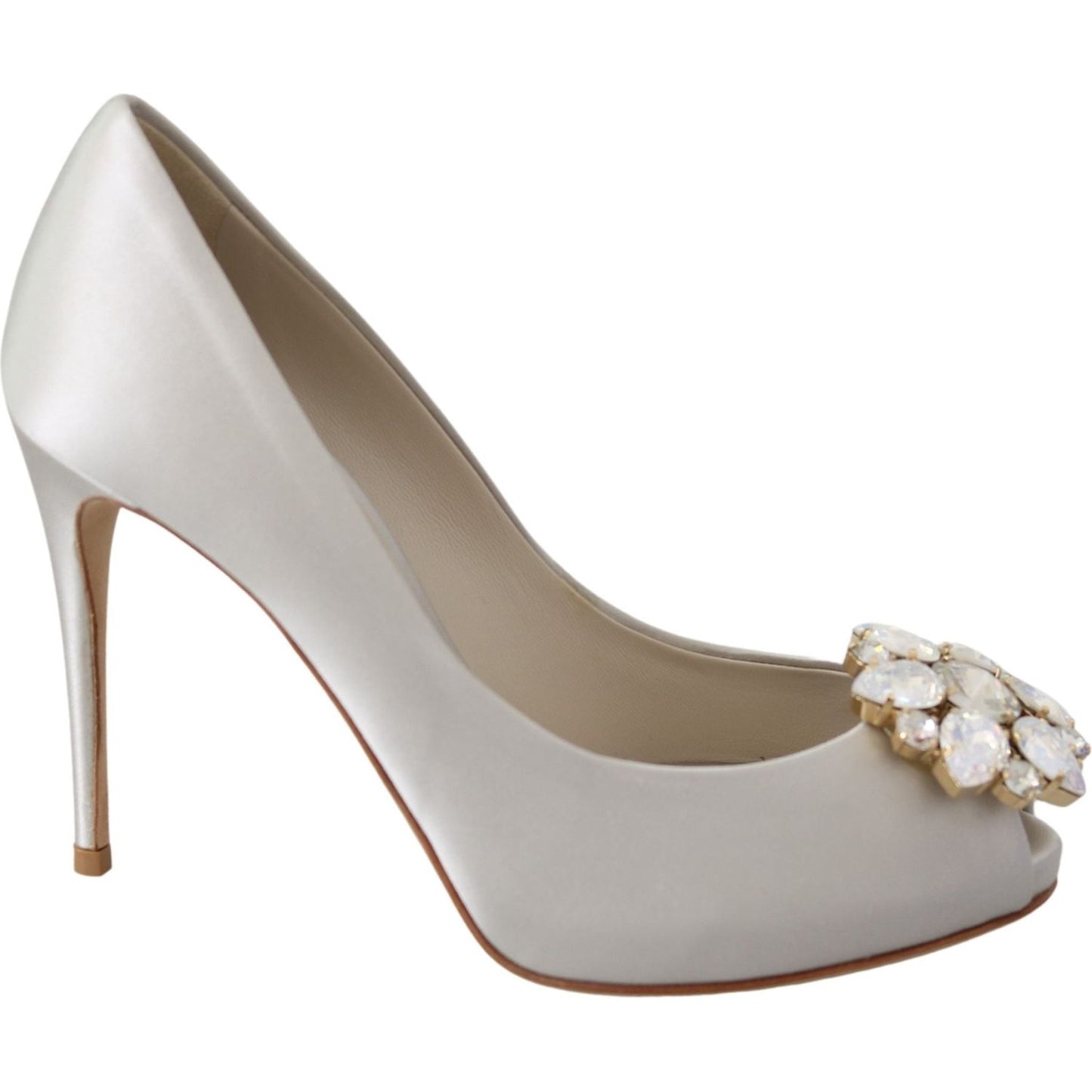 Dolce & Gabbana White Crystals Peep Toe Heels Satin Pumps Shoes