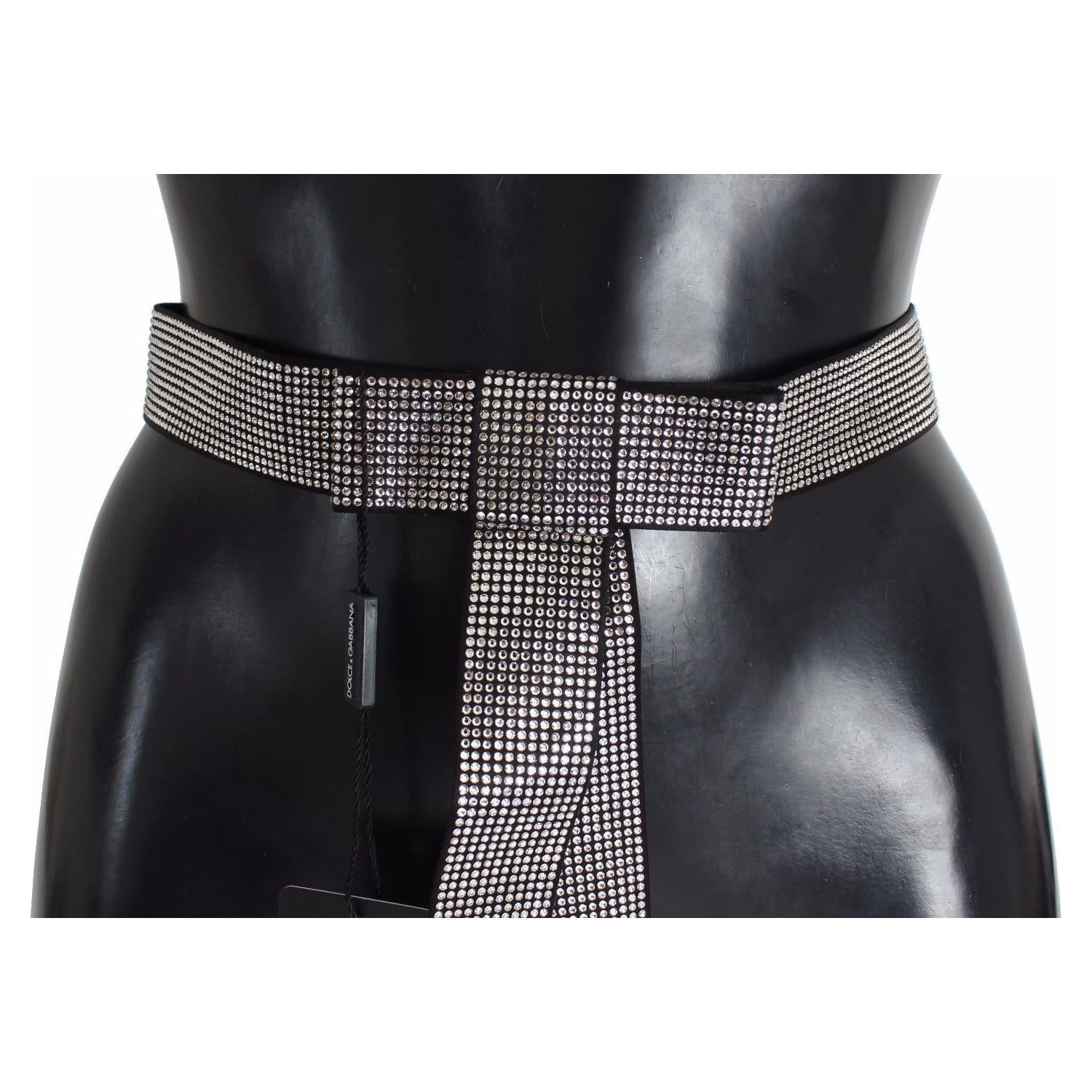 Dolce & Gabbana Black Silk Clear Crystal Bow Waist Belt