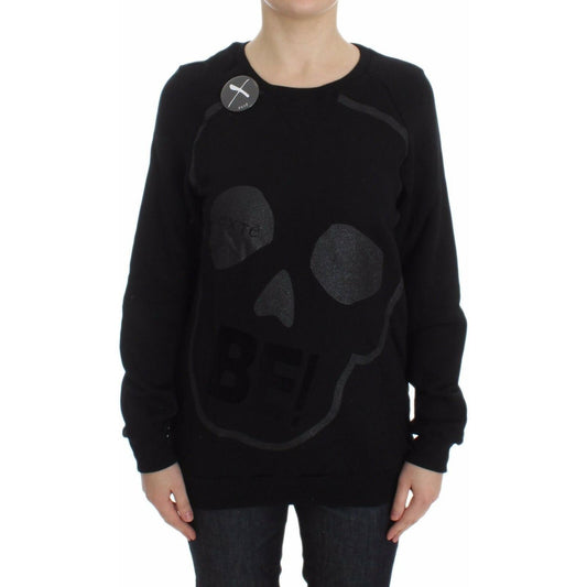 Exte Black Cotton Motive Print Crewneck Pullover Sweater