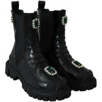 Dolce & Gabbana Black Leather Crystal Combat Boots LA8784-35.5