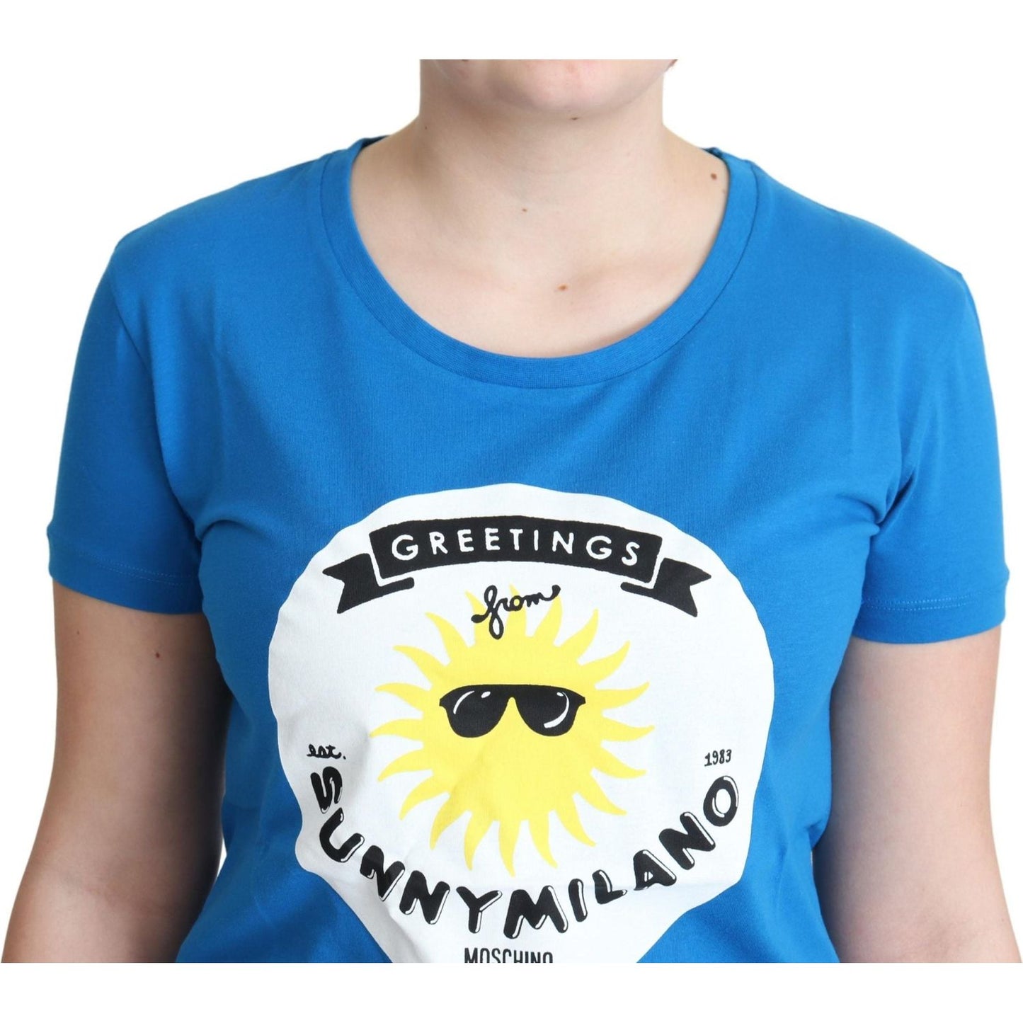 Moschino Blue Cotton Sunny Milano Print Tops T-shirt TSH5067-40