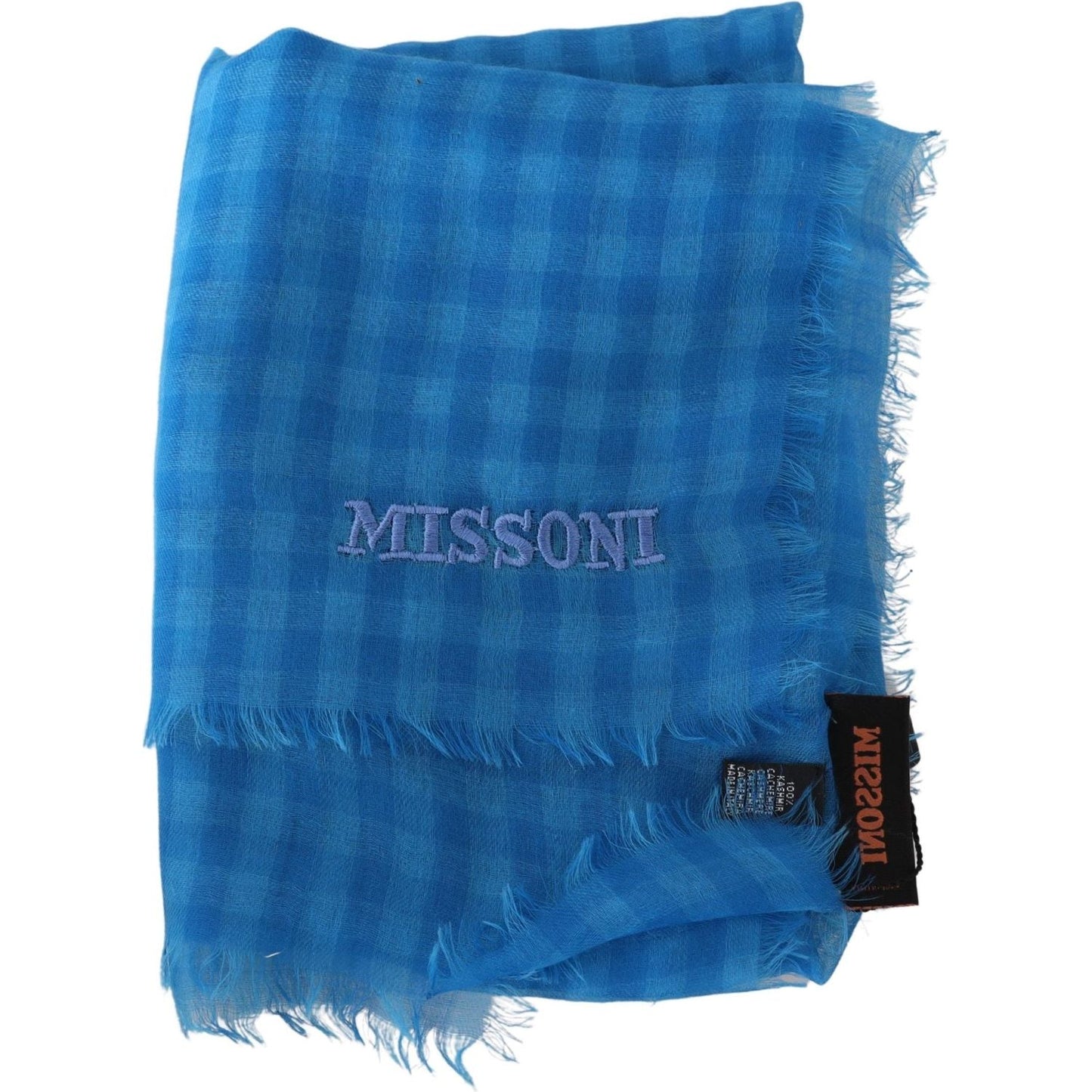 Missoni Blue Checkered Cashmere Unisex Wrap Fringes Scarf MS2117BG