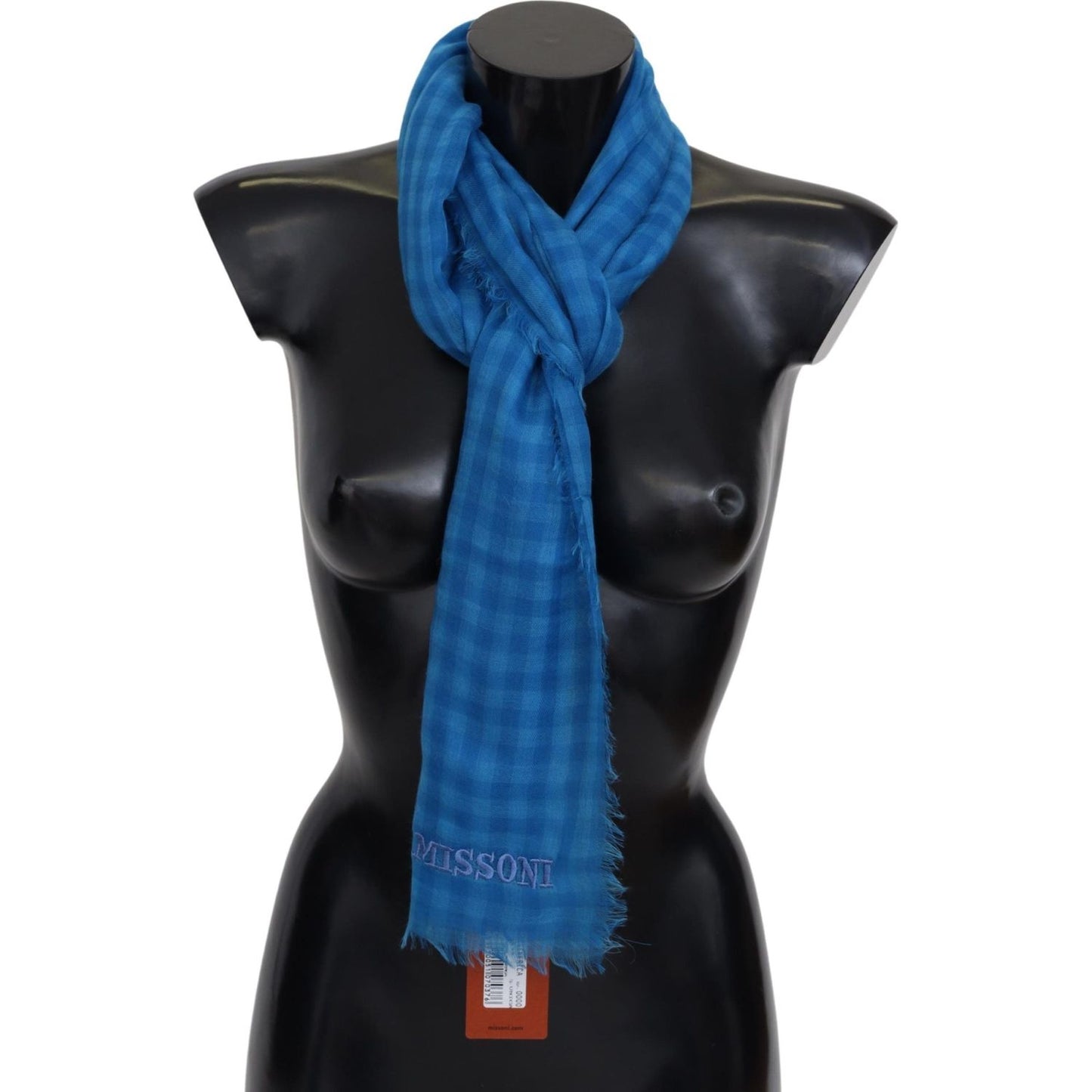 Missoni Blue Checkered Cashmere Unisex Wrap Fringes Scarf MS2117BG