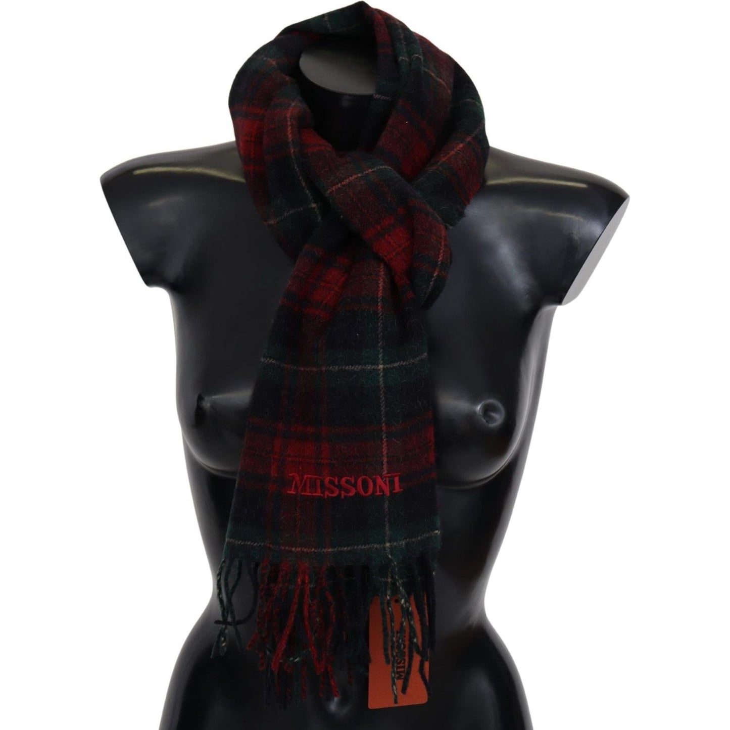 Missoni Black Red Check Wool Unisex Neck Wrap Fringes Scarf MS2124BG