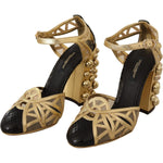 Dolce & Gabbana Black Gold Leather Studded Ankle Straps Shoes LA9019-35.5
