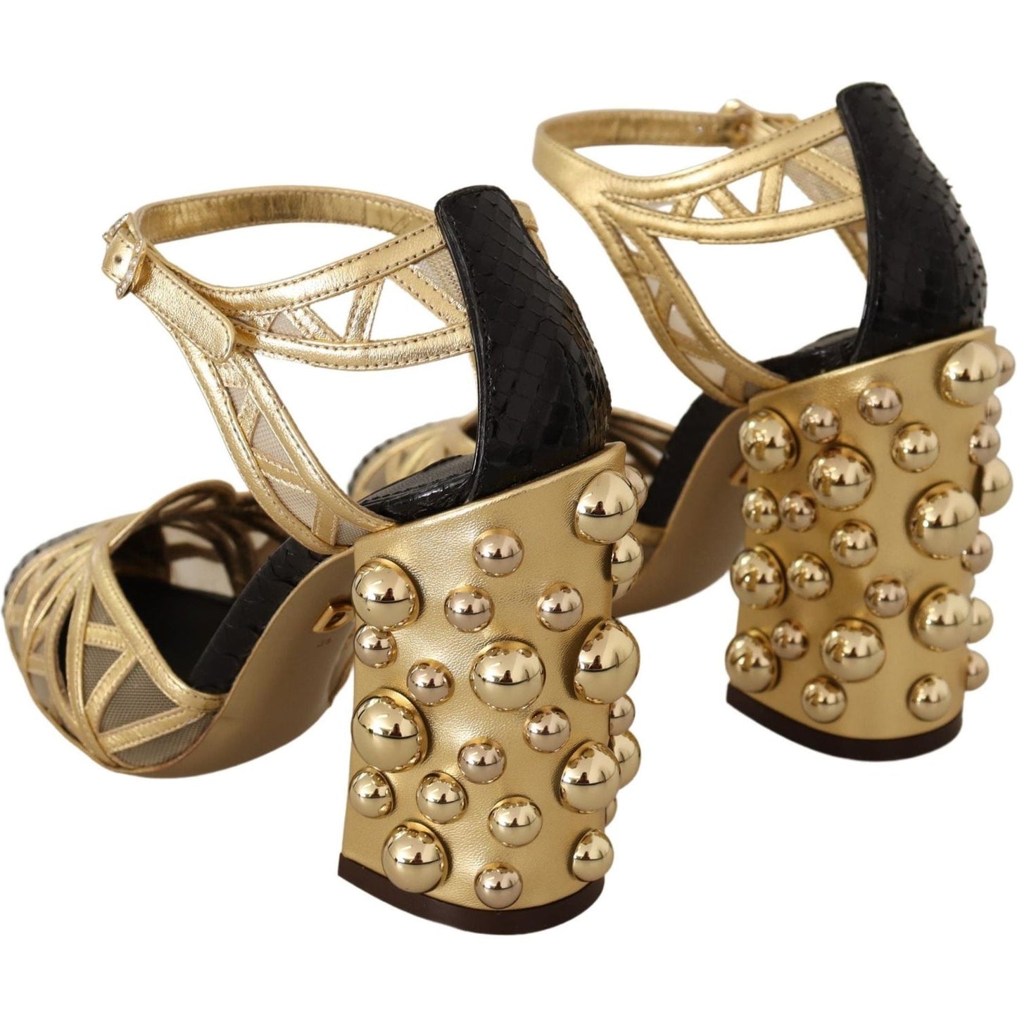 Dolce & Gabbana Black Gold Leather Studded Ankle Straps Shoes LA9019-35.5