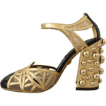 Dolce & Gabbana Black Gold Leather Studded Ankle Straps Shoes LA9019-35.5