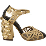 Dolce & Gabbana Black Gold Leather Studded Ankle Straps Shoes LA9019-35.5