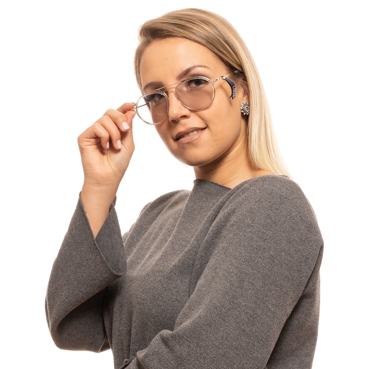 Unisex wearing Lozza Gold Aviator Sunglasses with transparent lenses, gold frame, full-rim style. 100% UVA & UVB protection.