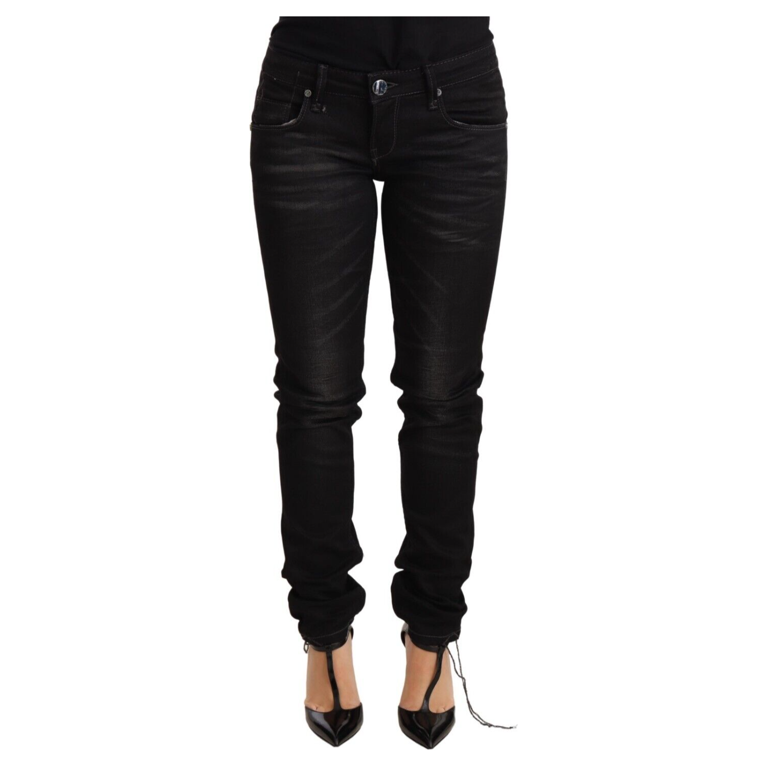 Acht Black Washed Cotton Slim Fit Denim Low Waist Trouser Jeans