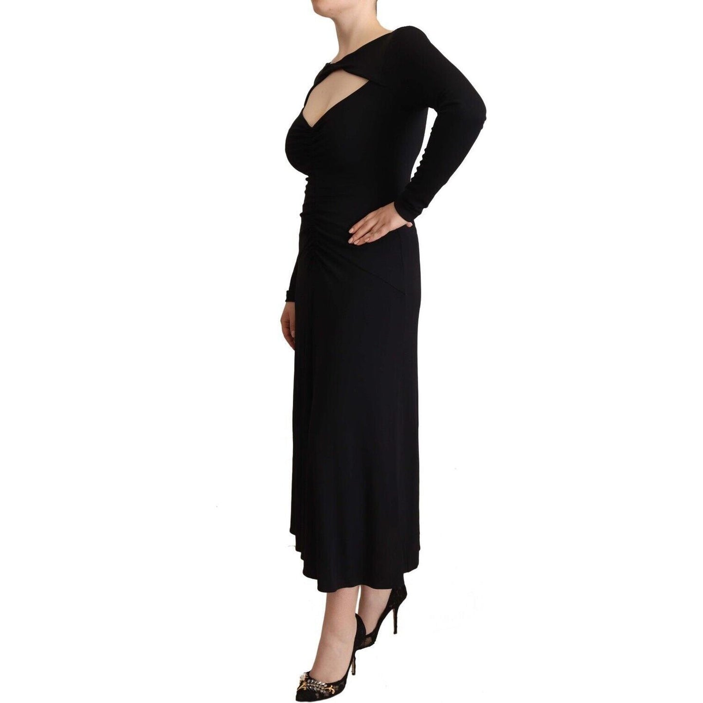 PINKO Black Nylon Stretch Long Sleeves Deep V-neck Maxi Dress DR28607 - 40