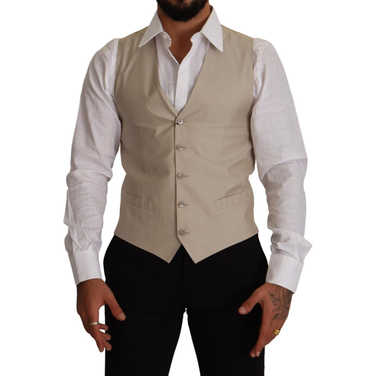 Dolce & Gabbana Beige Cotton Silk Slim Fit Waistcoat Vest