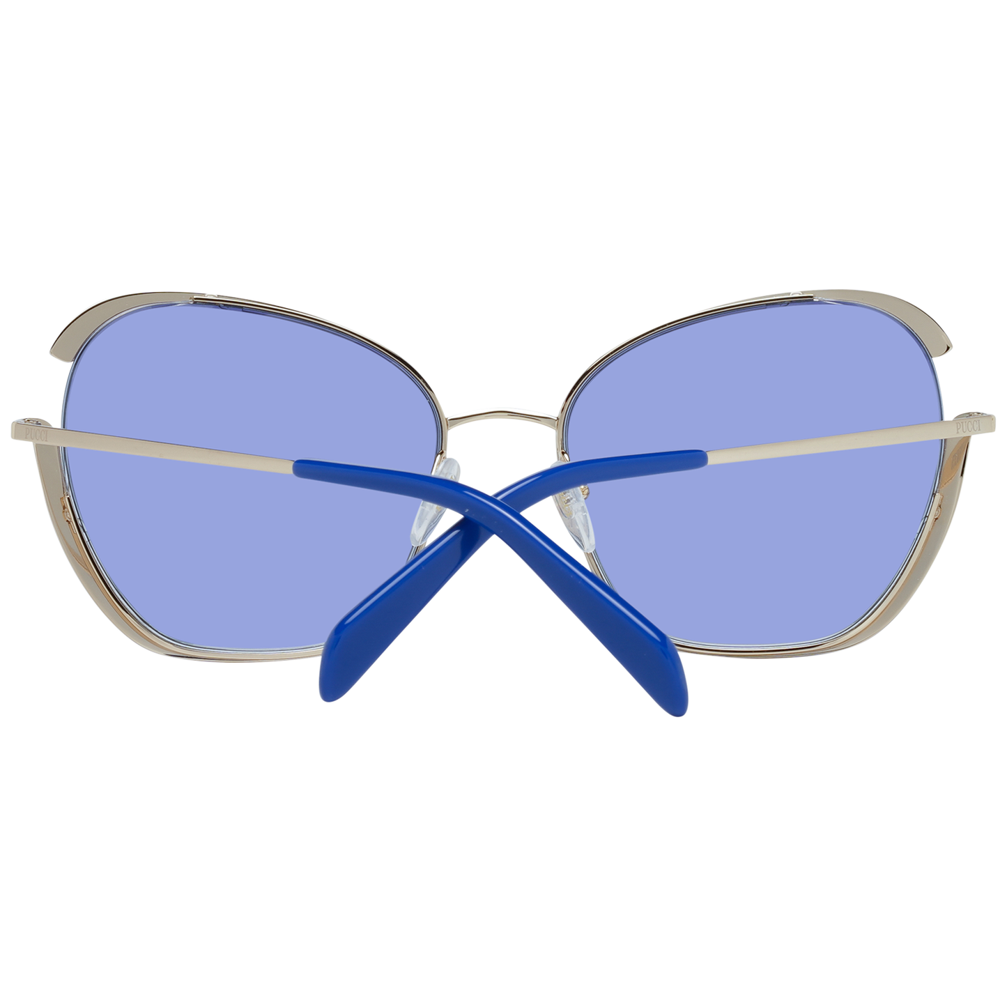Emilio Pucci women's butterfly sunglasses with gold metal frame and blue gradient lenses. 100% UVA & UVB protection. Size 58-19-135.