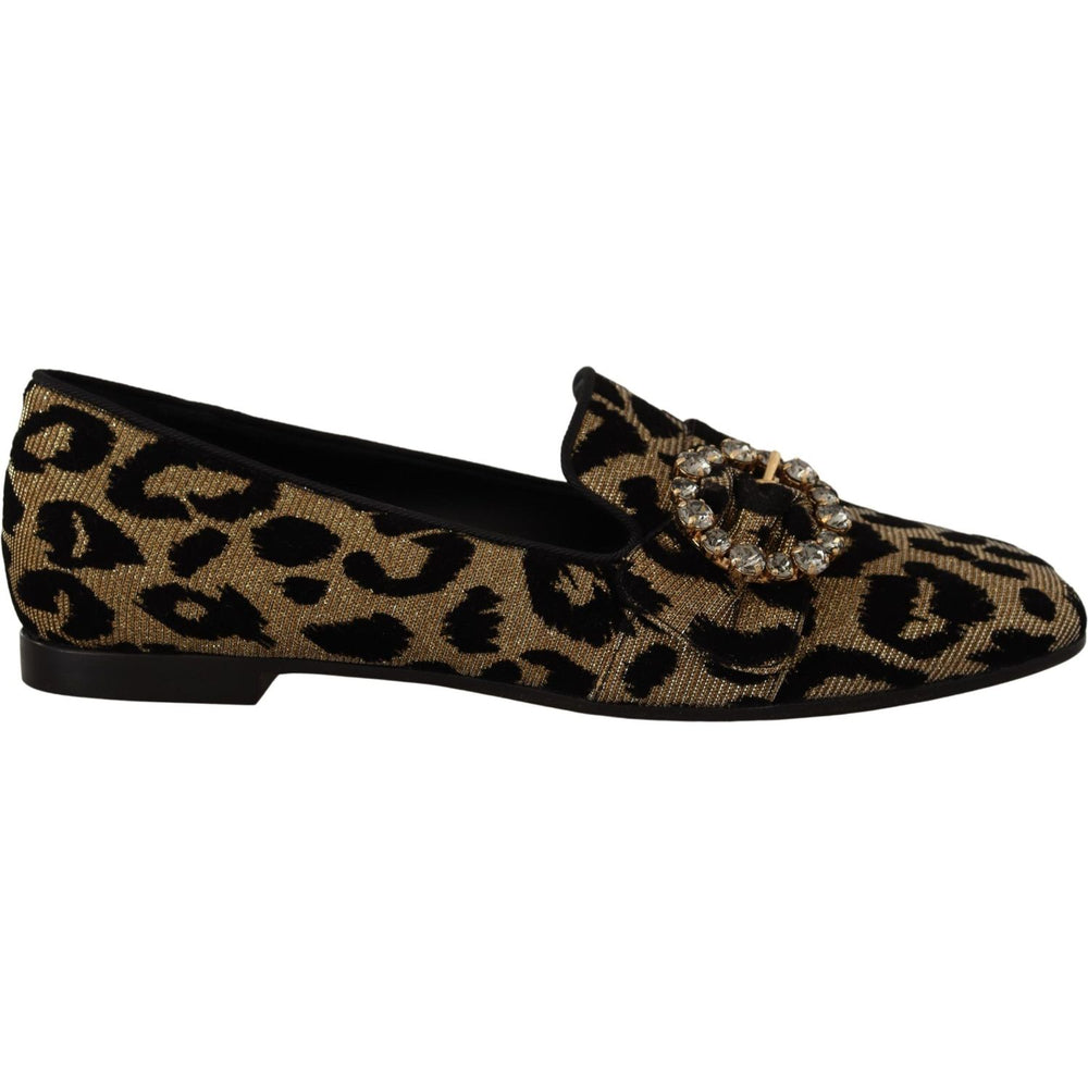 Dolce & Gabbana Gold Leopard Print Crystals Loafers Shoes LA9771- 36.5