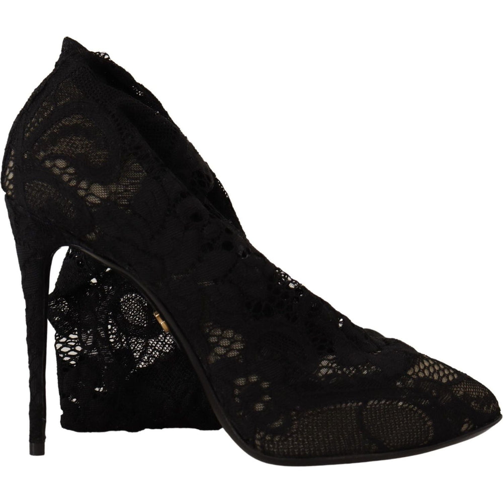 Dolce & Gabbana Black Stretch Socks Taormina Lace Boots Shoes LA9806- 38.5