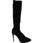 Dolce & Gabbana Black Stretch Socks Taormina Lace Boots Shoes LA9806- 38.5