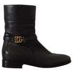 Dolce & Gabbana Black Leather Flats Logo Short Boots Shoes LA9856 - 36