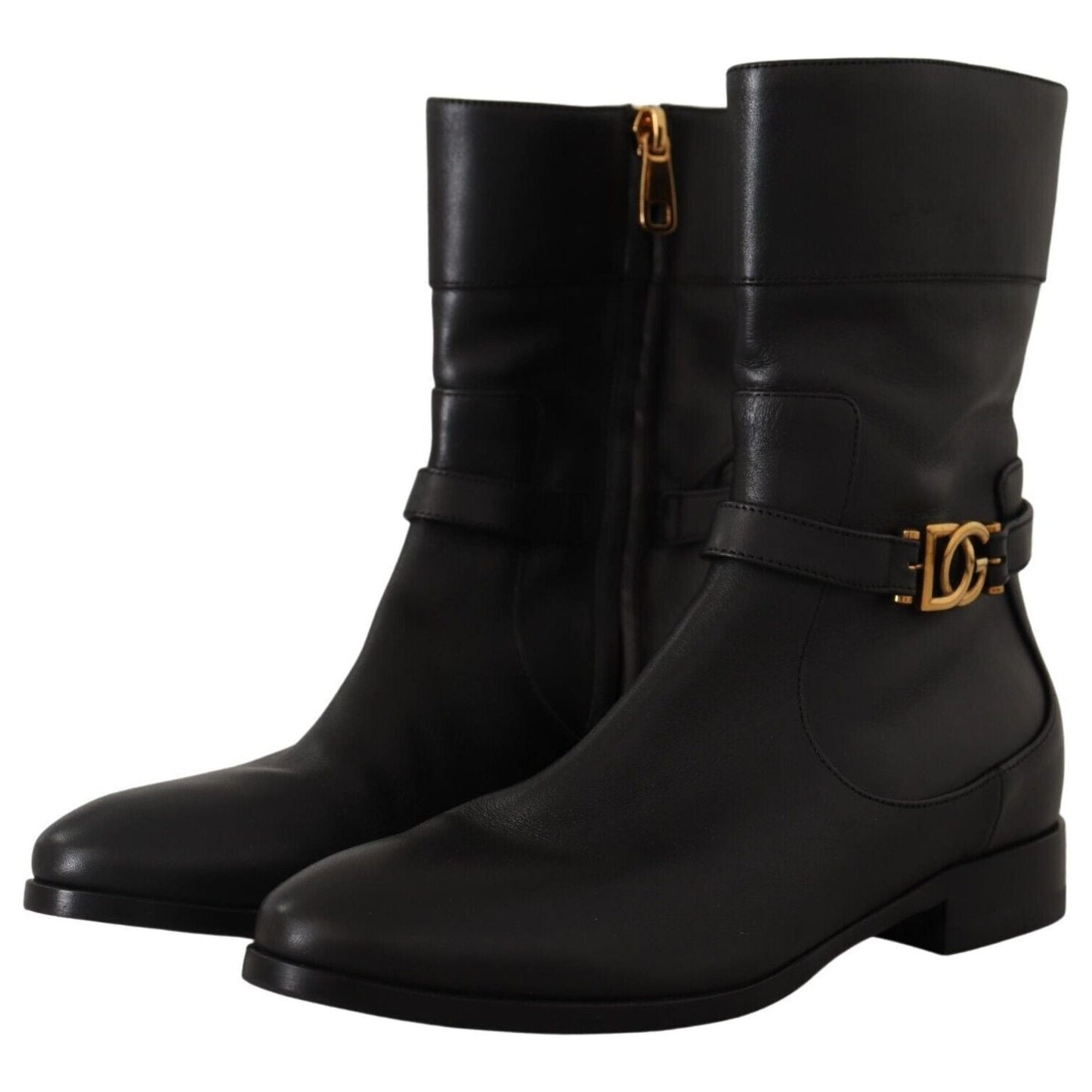 Dolce & Gabbana Black Leather Flats Logo Short Boots Shoes LA9856 - 36