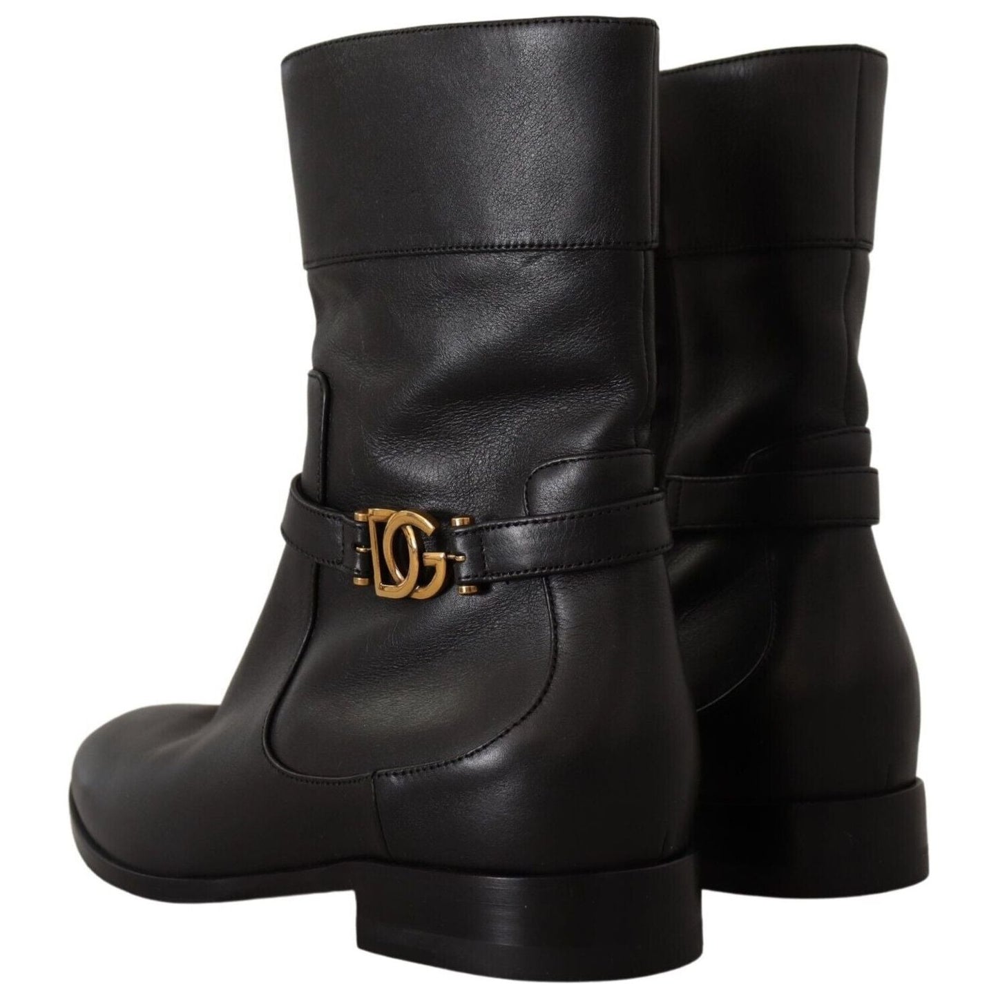 Dolce & Gabbana Black Leather Flats Logo Short Boots Shoes LA9856 - 36