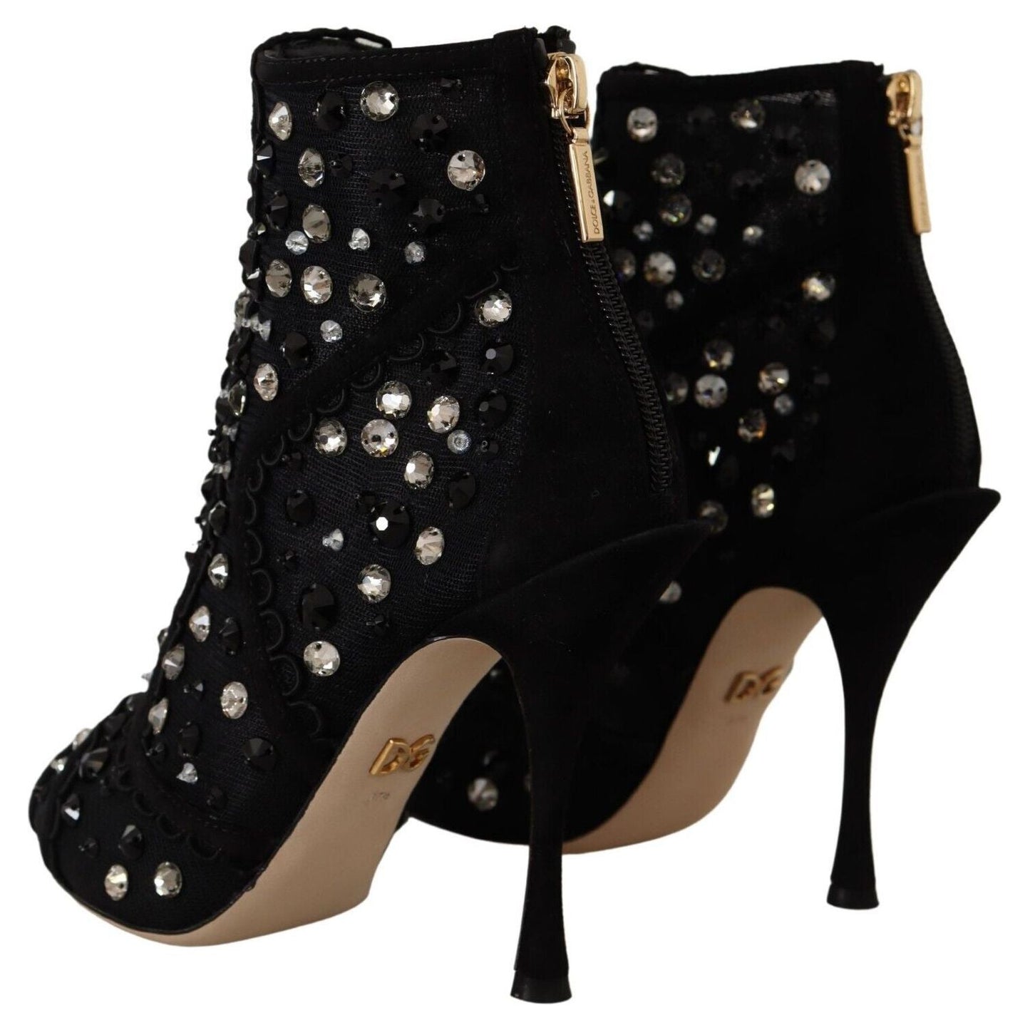 Dolce & Gabbana Black Crystals Heels Zipper Short Boots Shoes LA9773 - 37.5