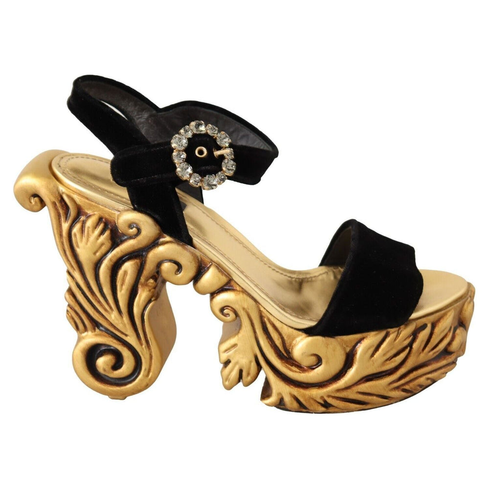 Dolce & Gabbana Black Gold Baroque Velvet Heels Crystal Shoes LA9848- 38