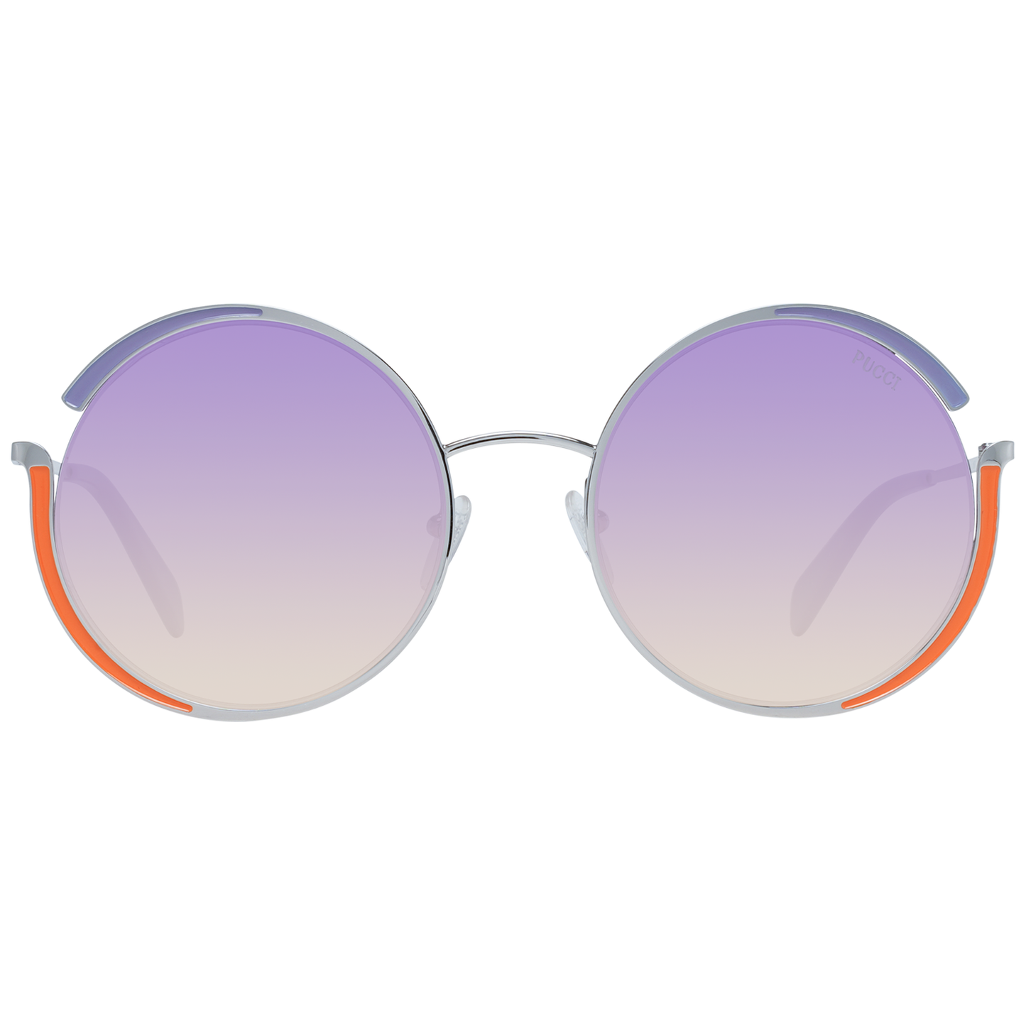Alt Tag: Emilio Pucci multicolor women's round sunglasses with mirrored purple gradient lenses, silver metal frame, full-rim style.