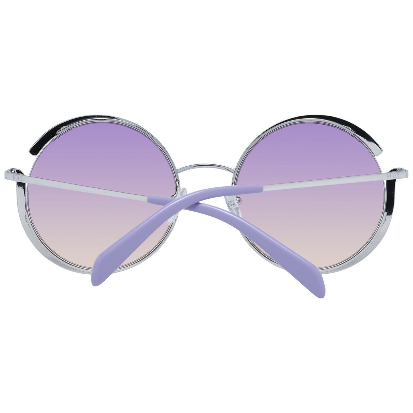 Emilio Pucci multicolor round women's sunglasses with silver metal frame and purple gradient mirrored lenses, offering 100% UV protection.