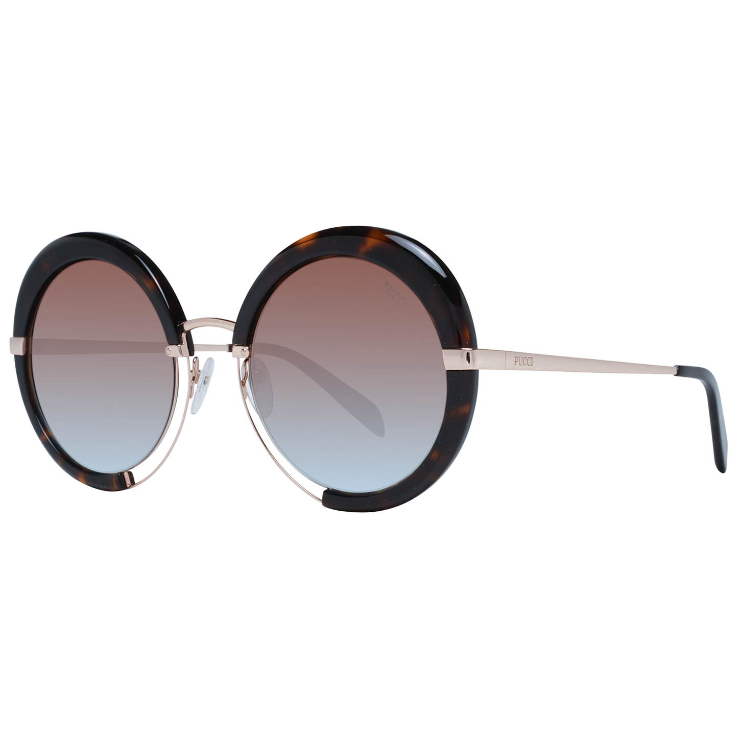 Emilio Pucci brown round sunglasses for women with mirrored gradient lenses, metal & plastic frame; includes branded case. 100% UVA UVB protection.