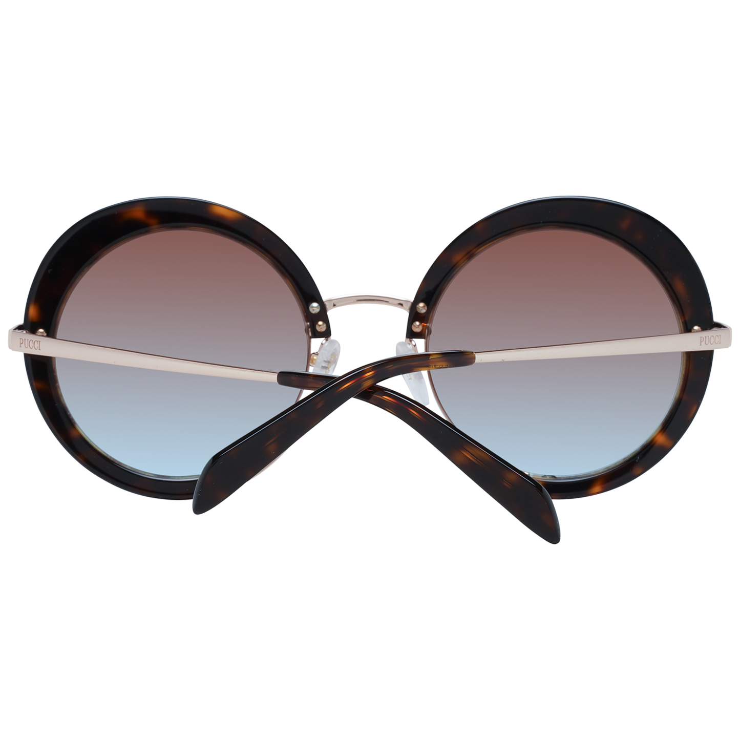 Emilio Pucci brown round women's sunglasses with mirrored gradient lenses, full-rim metal and plastic frame, UVA/UVB protection, 54-24-140 size.