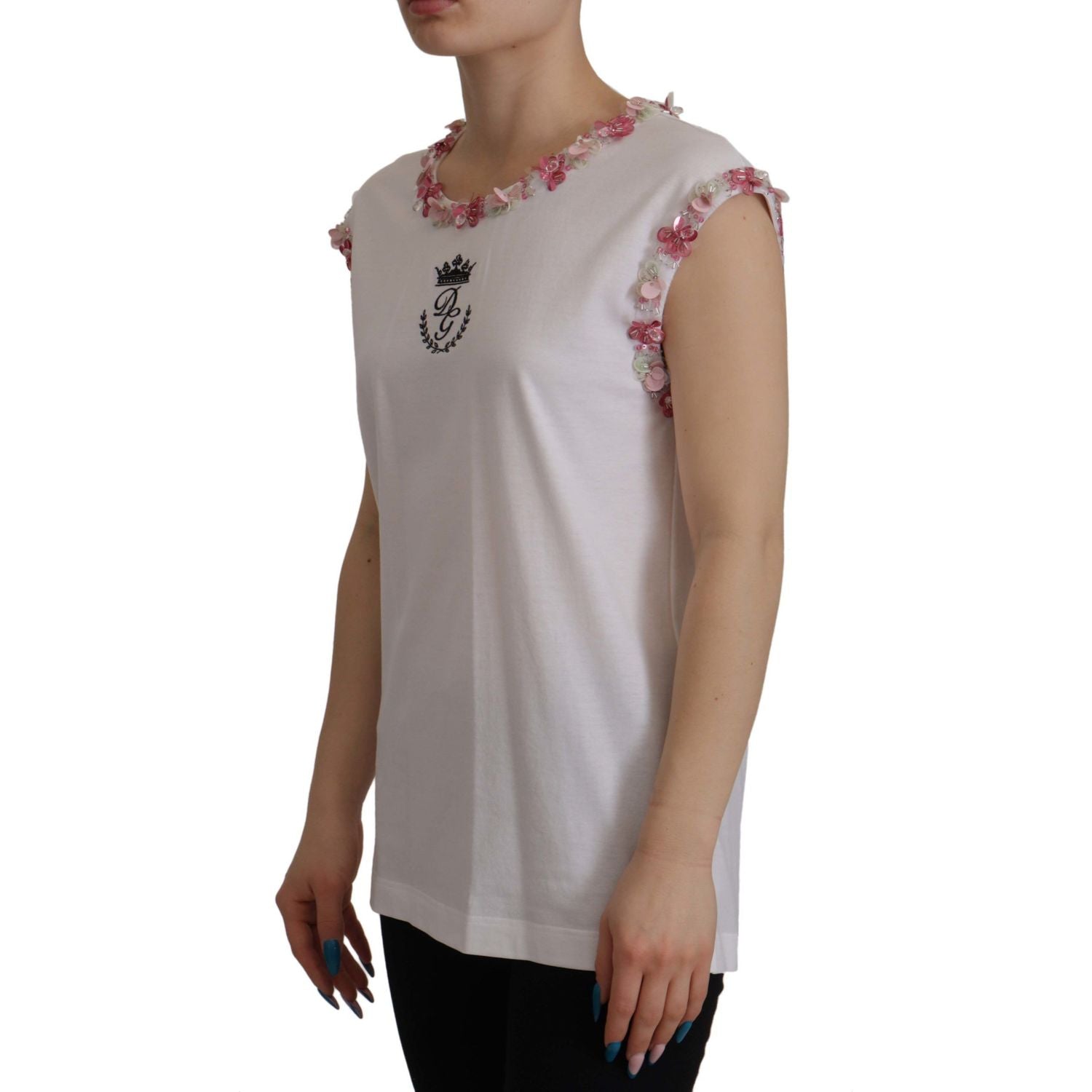 Dolce & Gabbana White DG Crown Floral Sequin T-shirt