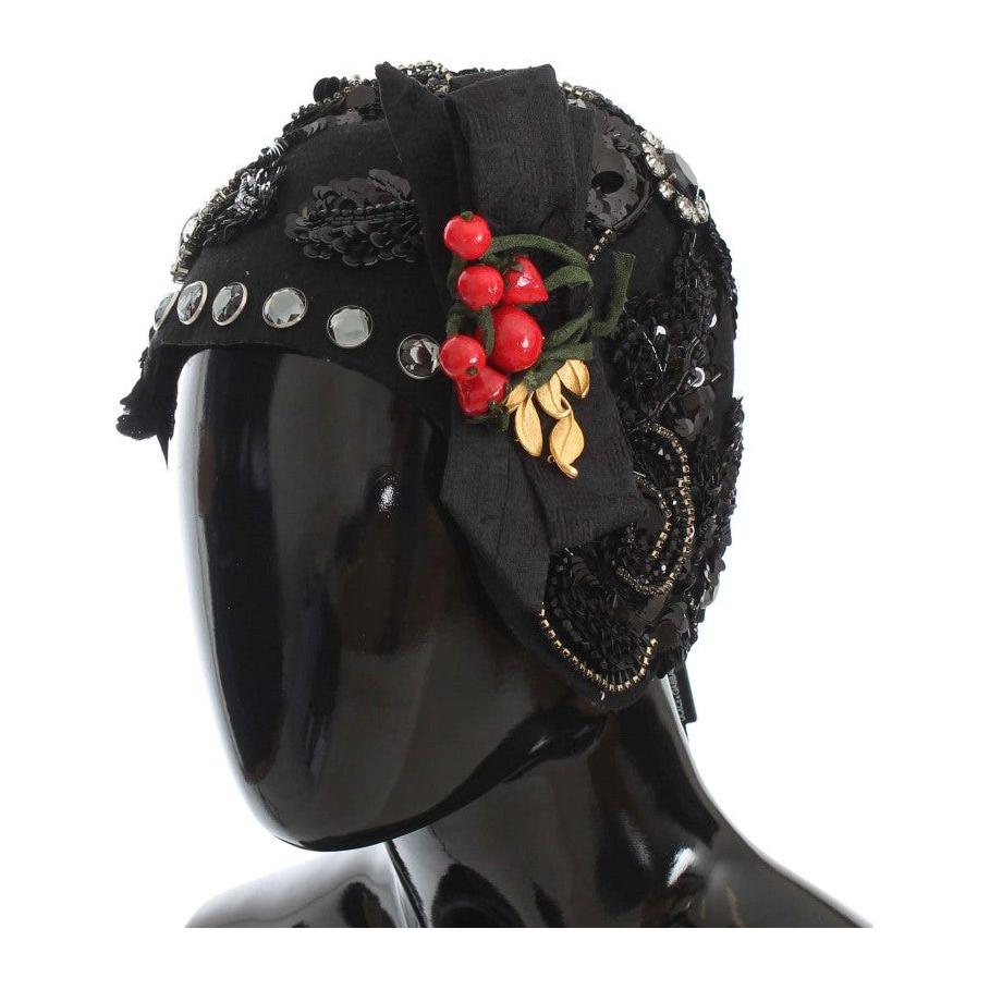 Dolce & Gabbana Black Crystal Gold Cherries Brooch Hat MS883