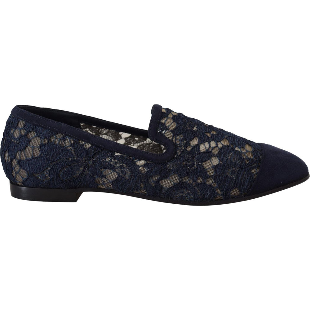 Dolce & Gabbana Blue Floral Lace Slip Ons Loafers Flats Shoes LA10075- 35