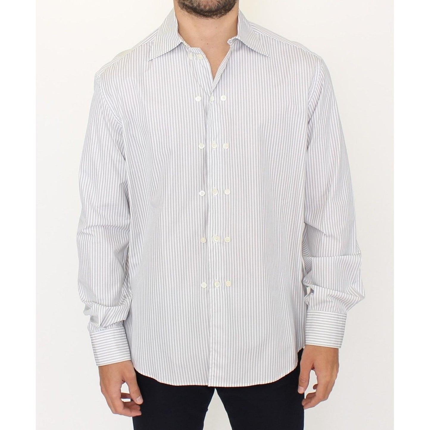 Ermanno Scervino White Gray Striped Regular Fit Casual Shirt