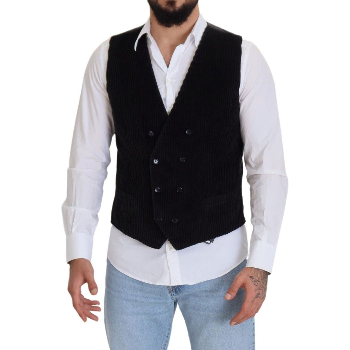 Dolce & Gabbana Black Cotton Double Breasted Waistcoat Vest