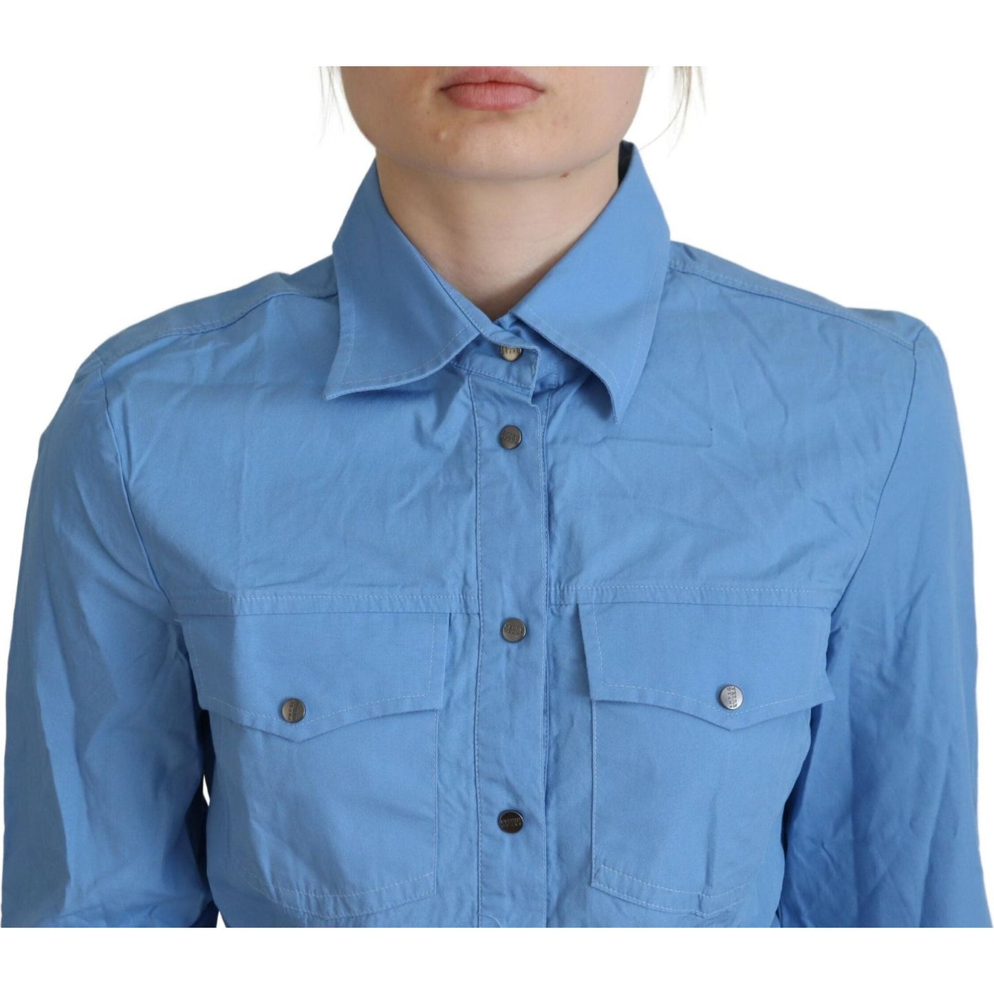 Ferre Blue Cotton Long Sleeves Collared Button Down Top TSH83359- 38