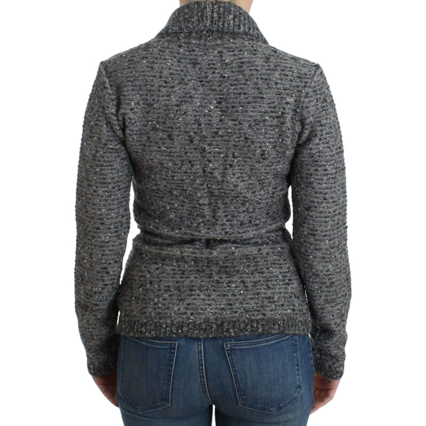 Back view of Cavalli gray wool blend cardigan with tie-waist design and subtle logo details for luxurious warmth and style.