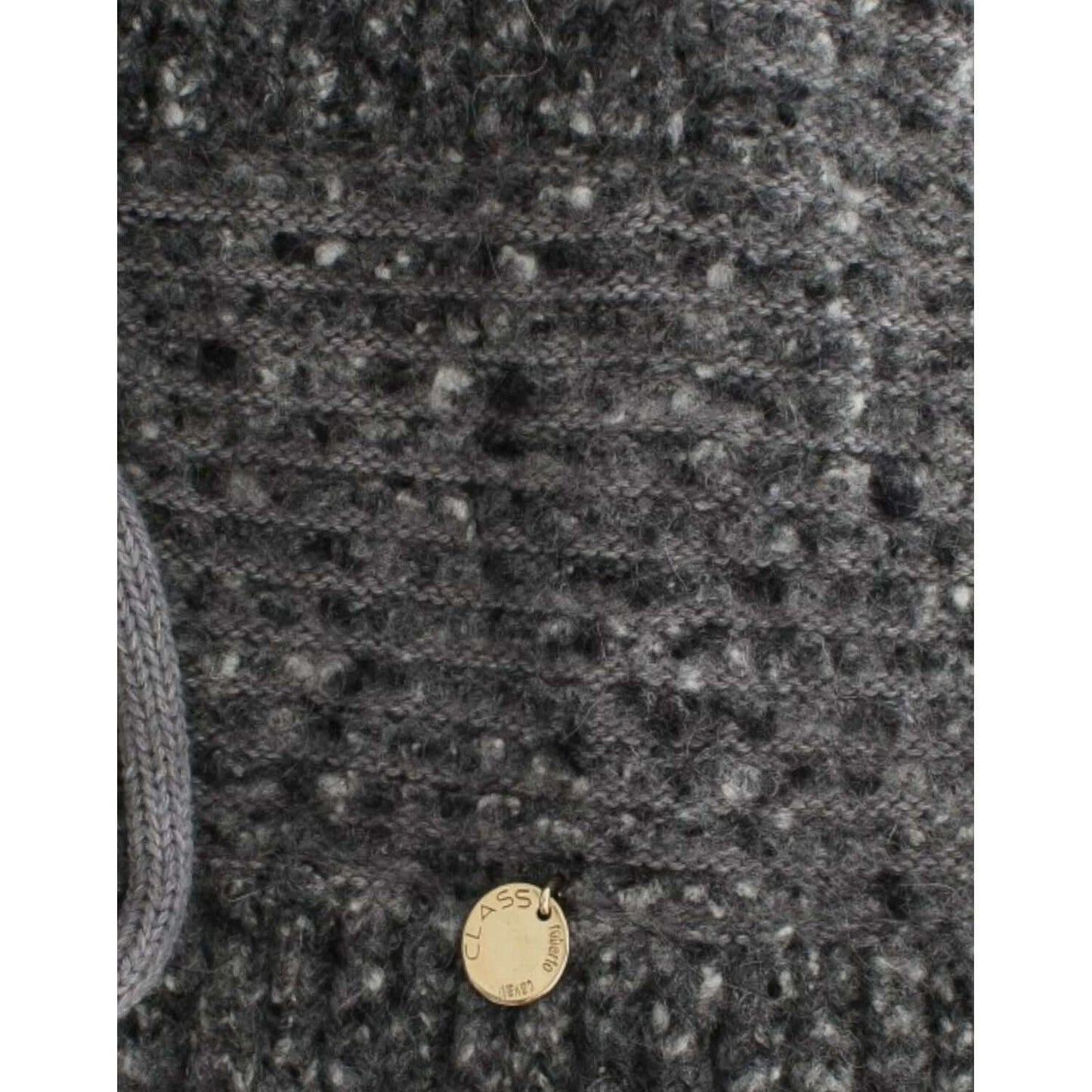 Close-up of Cavalli gray wool blend cardigan with textured knit and gold logo tag.