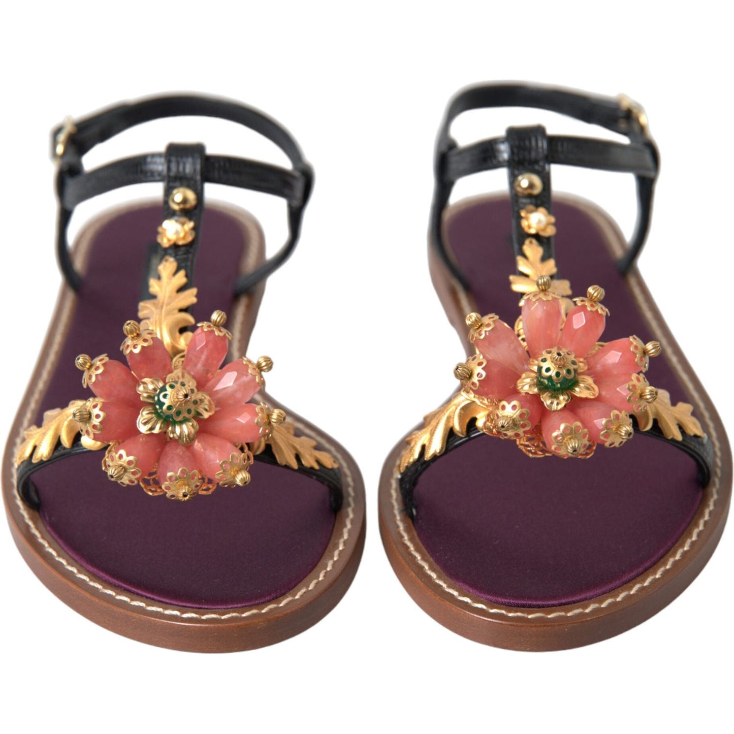 Dolce & Gabbana Black Crystal Gold Sandals Leather Shoes LA10367-35