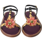 Dolce & Gabbana Black Crystal Gold Sandals Leather Shoes LA10367-35