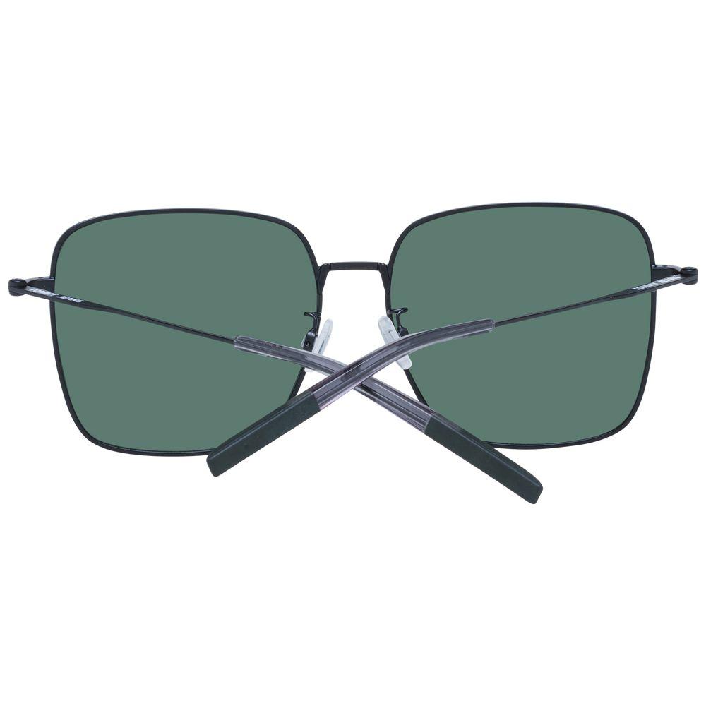 Tommy Hilfiger black unisex sunglasses with green trapezium plastic lenses, full metal rim, and UV protection in branded case.
