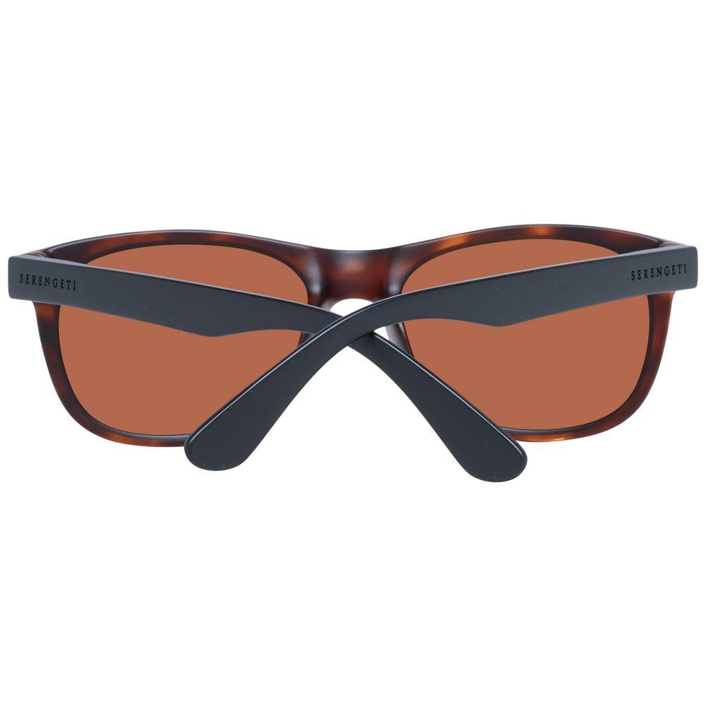 Serengeti black unisex sunglasses with brown photochromatic polarized lenses, 100% UVA & UVB protection, plastic full-rim rectangular frame.