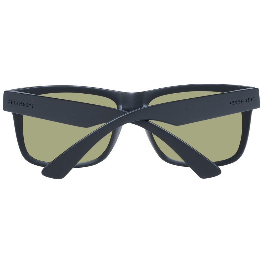 Serengeti black unisex sunglasses with blue polarized lenses and full-rim rectangle frame, featuring 100% UVA & UVB protection.