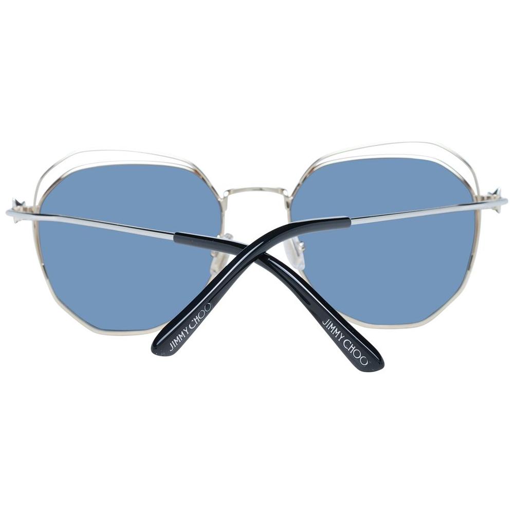 Back view of Jimmy Choo gold women's round sunglasses with grey lenses, full-rim design, metal frame, and branded temples.