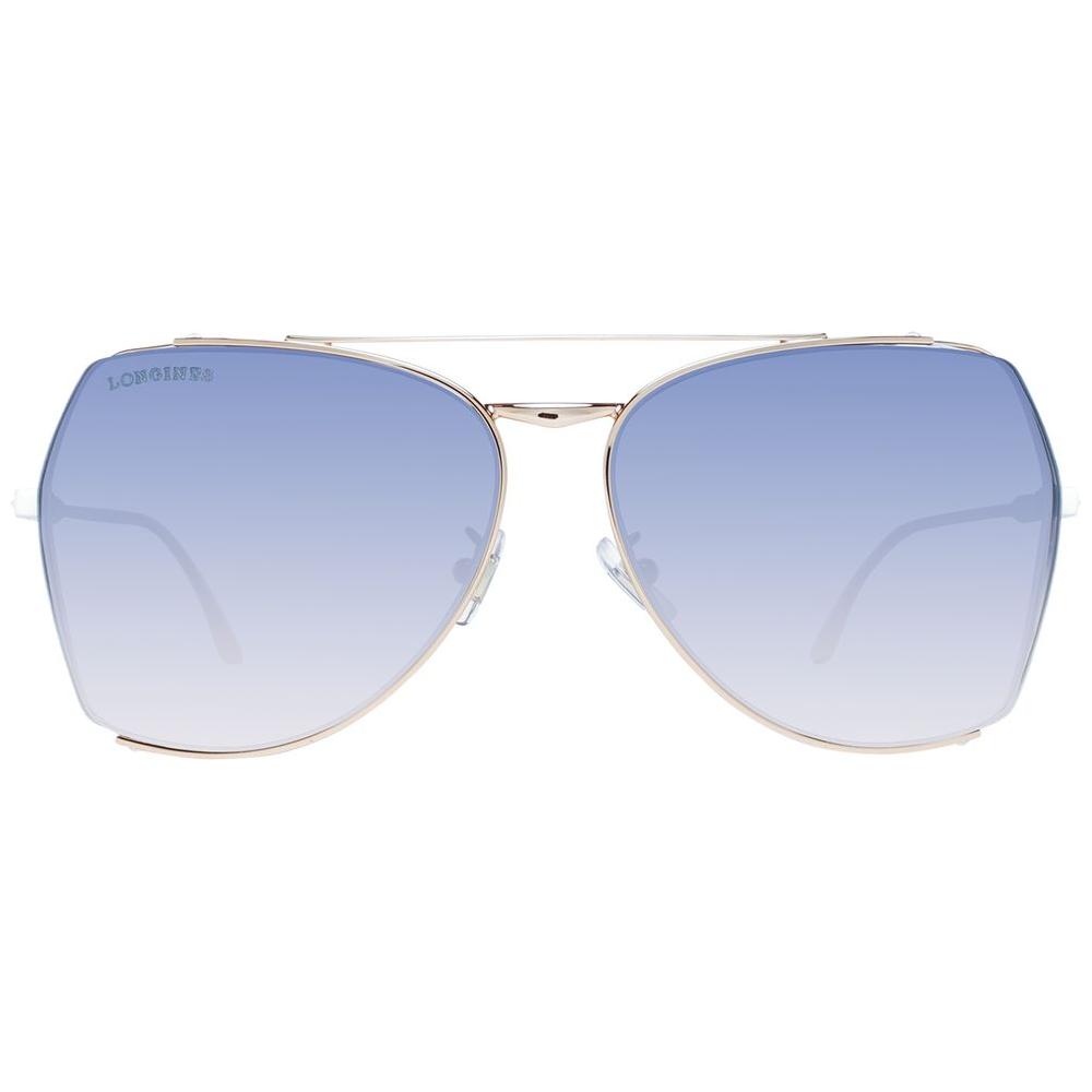 Longines gold aviator sunglasses for women with blue gradient lenses, metal half-rim frame, 100% UV protection, and branded case included.