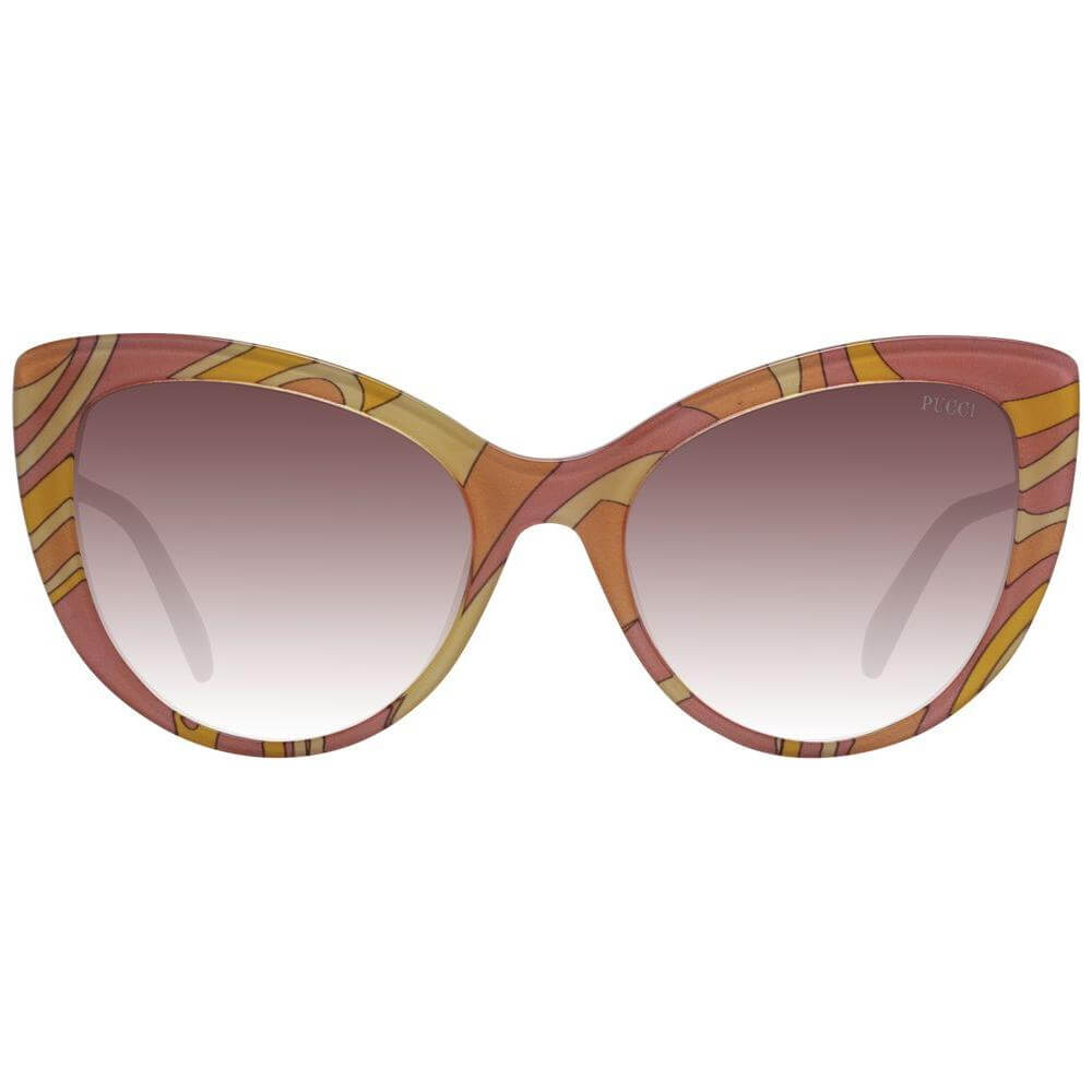 Emilio Pucci multicolor cat-eye women's sunglasses with brown gradient lenses, full-rim plastic frame, and UVA & UVB protection.
