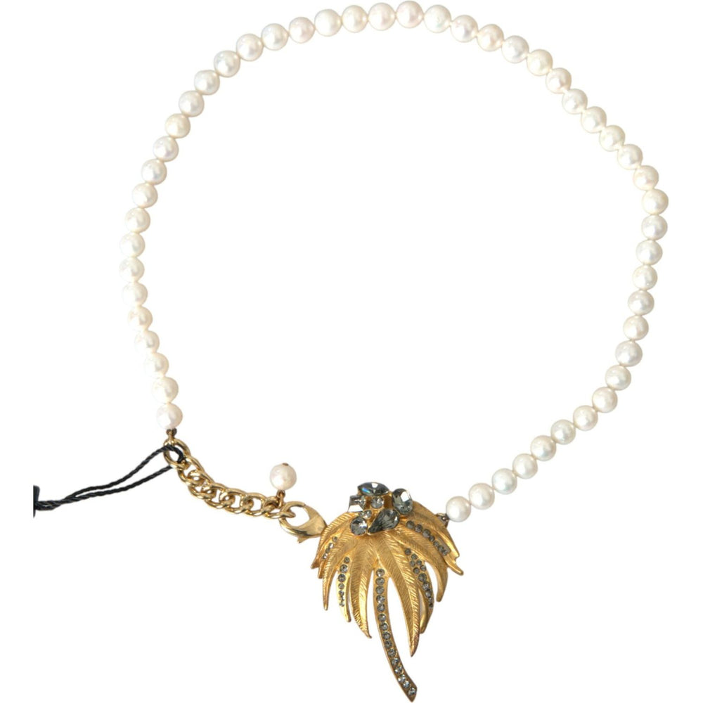 Dolce & Gabbana Gold Brass Crystal Pearl Tree Pendant Charm Necklace SMY101391