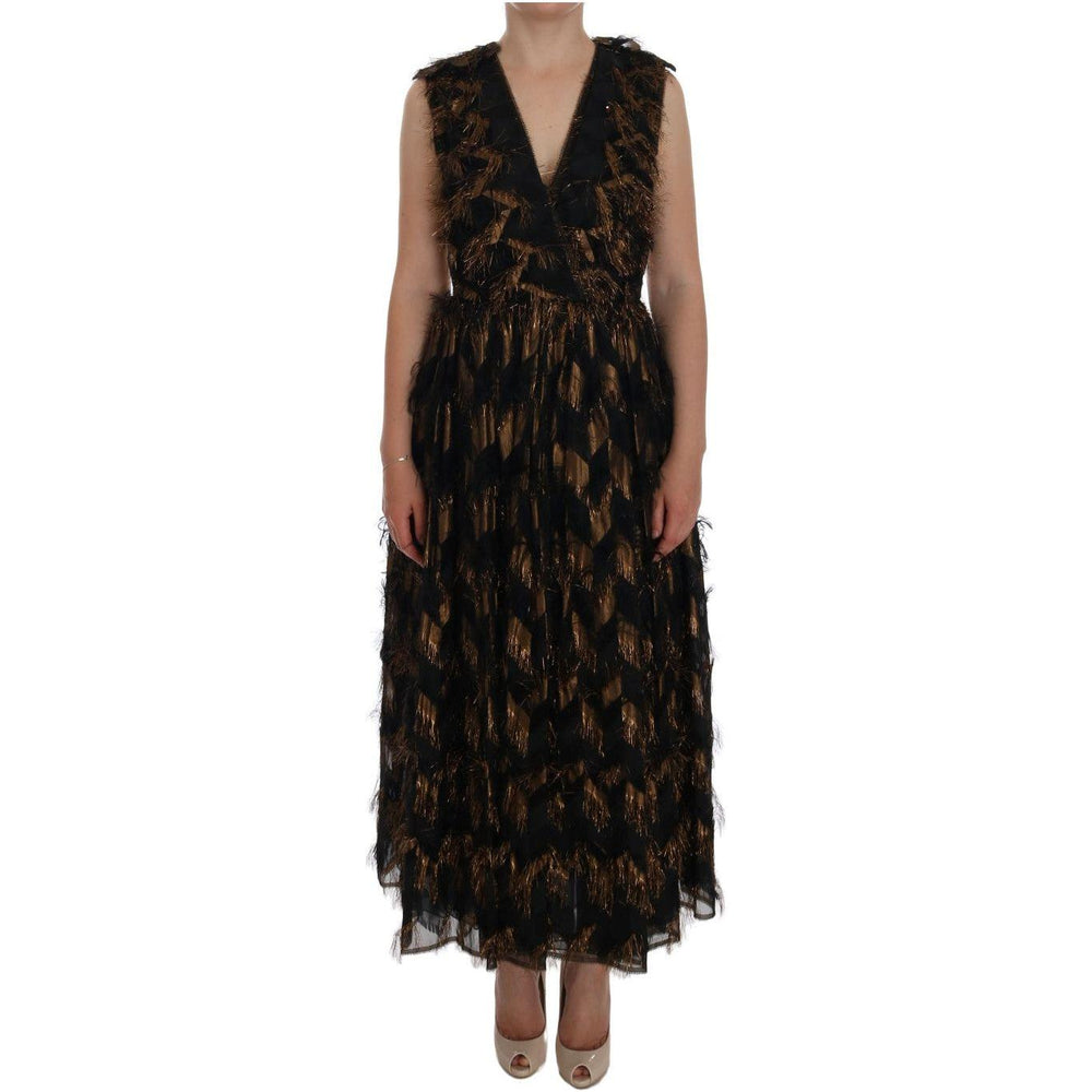 Dolce & Gabbana Black Silk Brown Fringes A-Line Dress DR1018-6